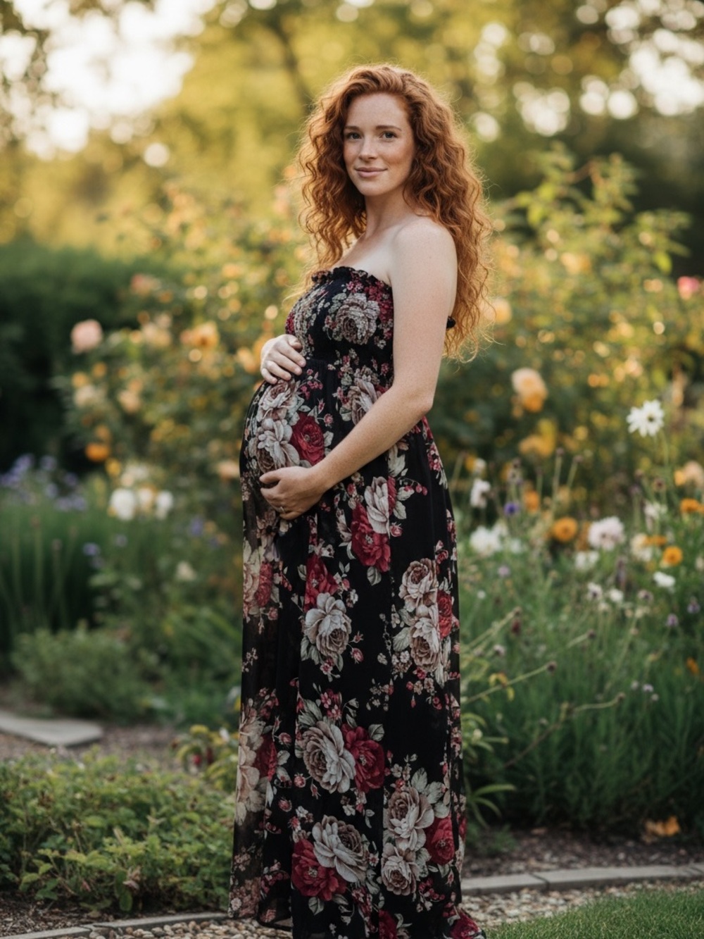 Pregnancy Floral Black with Front Slit Maxi Dress Perfect for Photoshoot - Picture 2 of 7